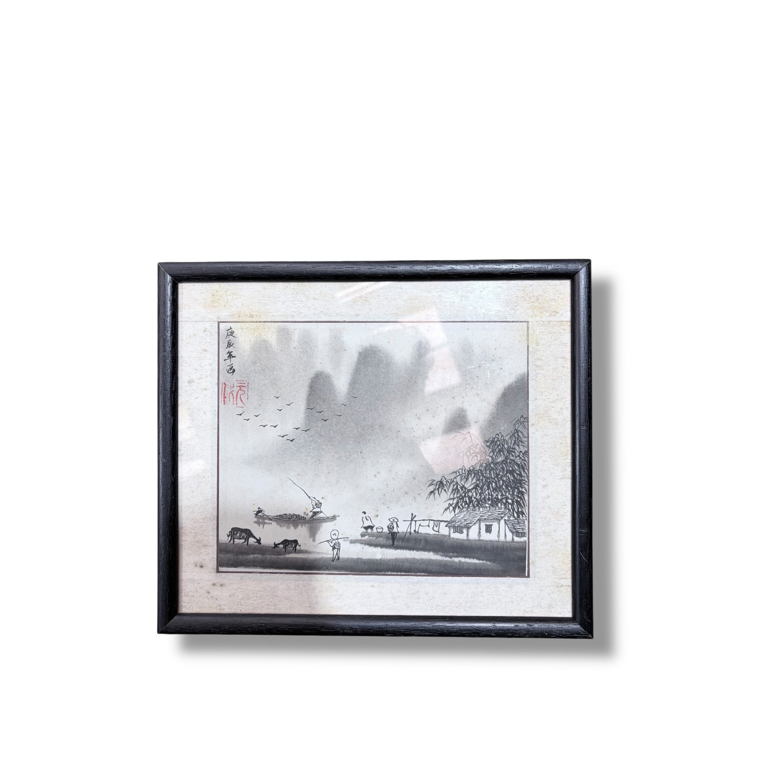 Vintage Oriental Ink Landscape Painting – Framed Asian Watercolour Artwork — view 3