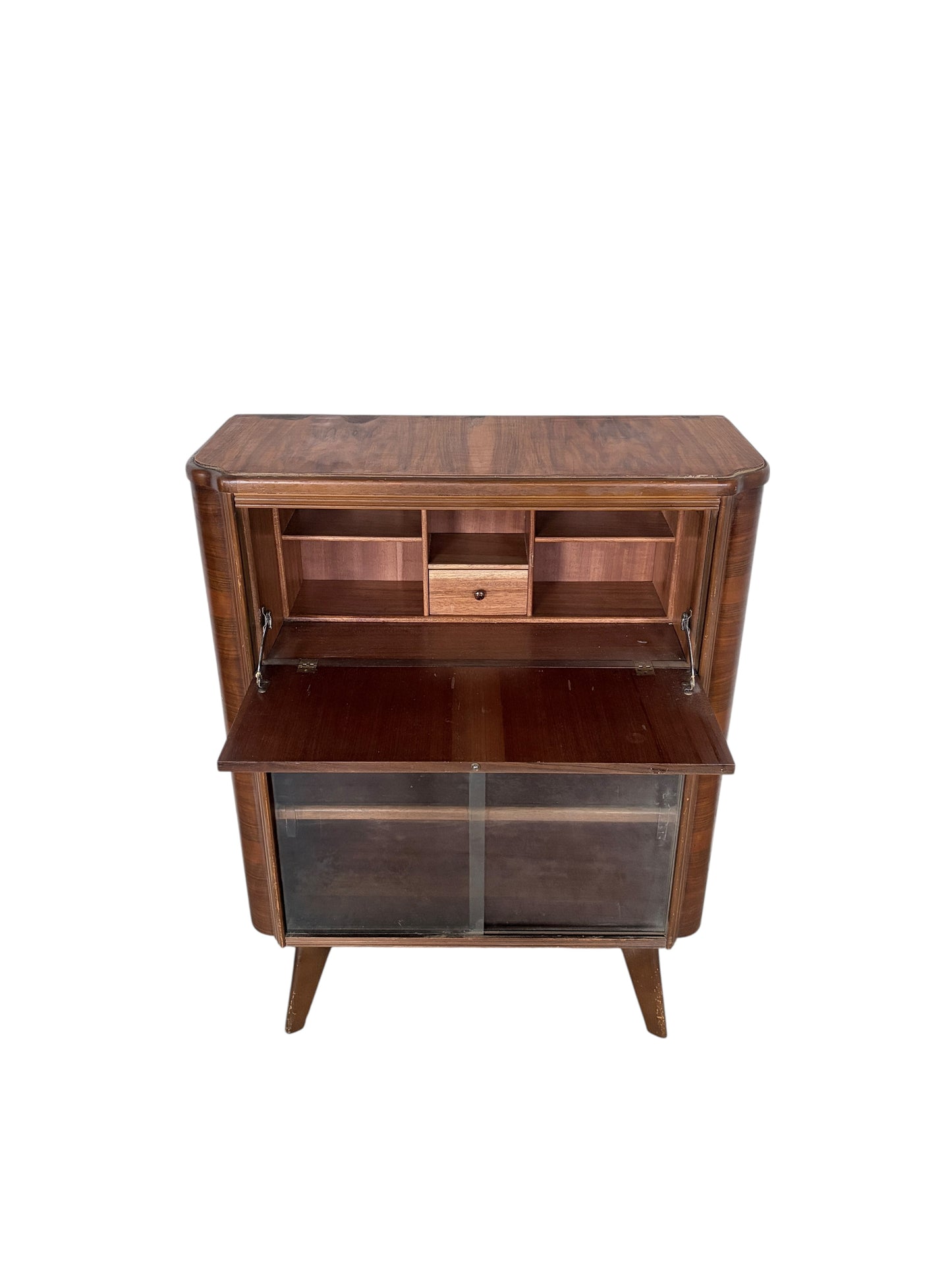 Art Deco Walnut Bureau Drinks Cabinet with Glazed Display