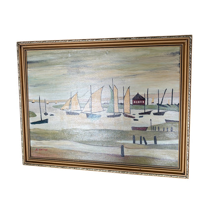 Vintage Coastal Harbour Painting by D. Ayrton – Sailboats & Shoreline in Ornate Gold Frame