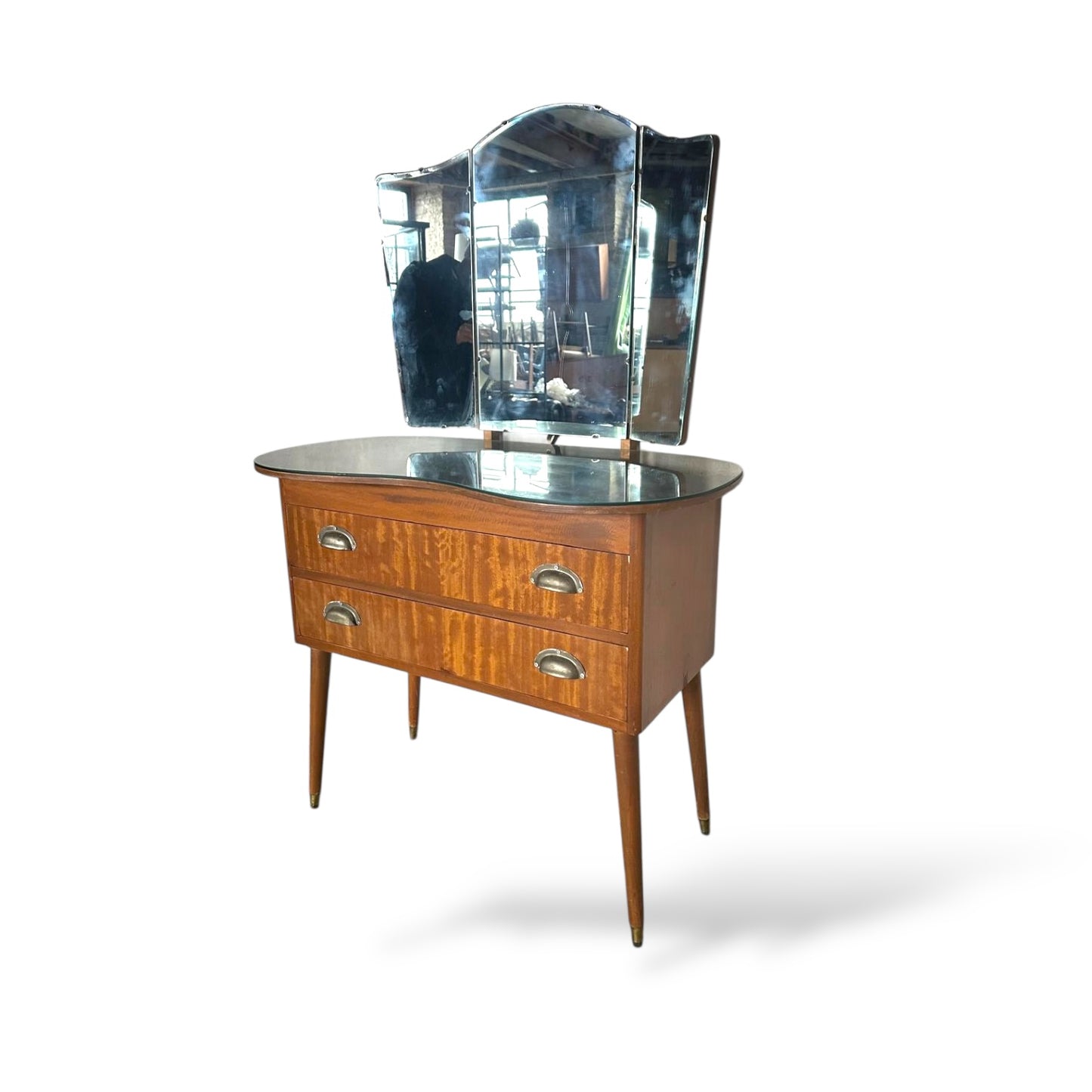 Vintage Walnut Dressing Table with Tri-Fold Mirror