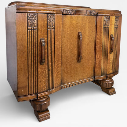 Art Deco Sideboard | 1930s Vintage Oak Drinks Cabinet With Geometric Carved Storage