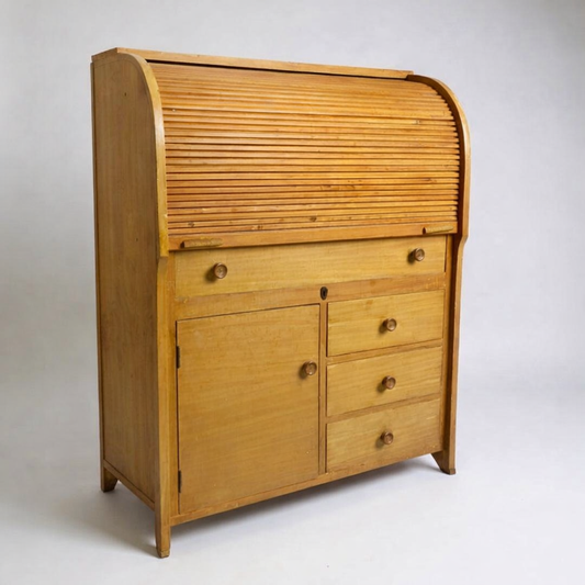 Vintage Oak Tambour Roll Top Bureau Desk