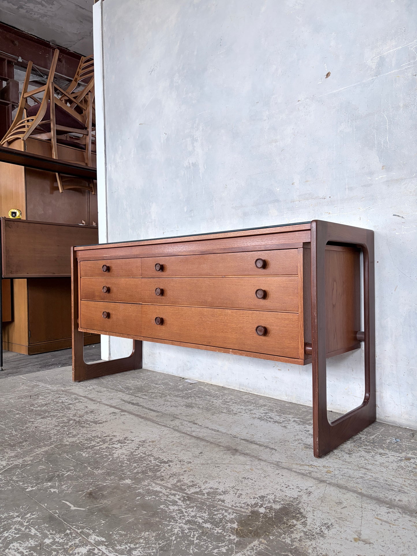 Mid Century William Lawrence Teak Sleigh Leg Chest of Drawers