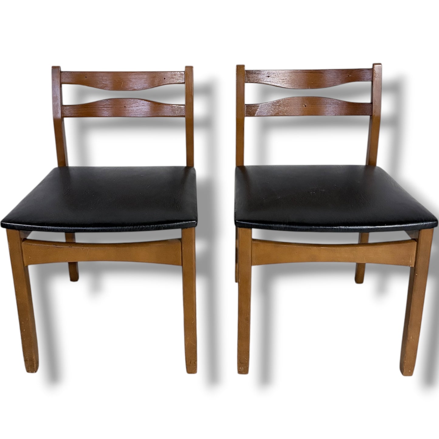 Mid Century Teak Chairs – Pair of Vintage Dining Seats with Black Upholstered Comfort