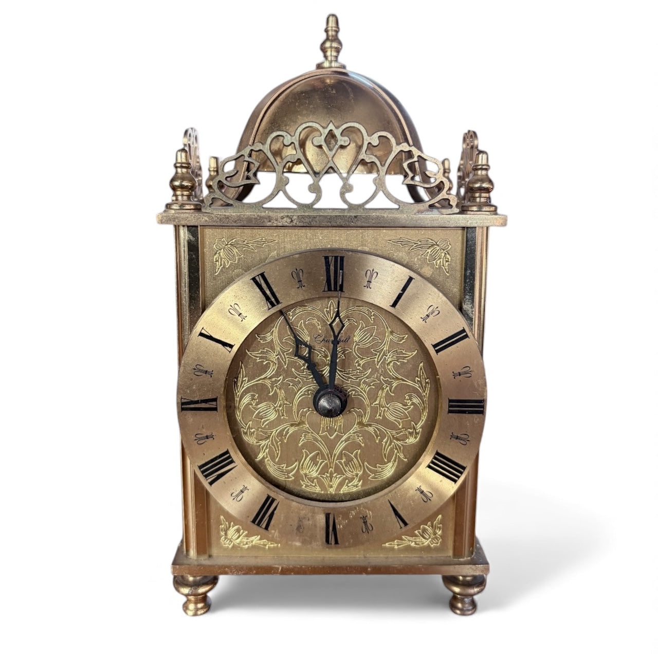 Brass Mantel Clock – Vintage Lantern Shelf Clock with Engraved Floral Dial