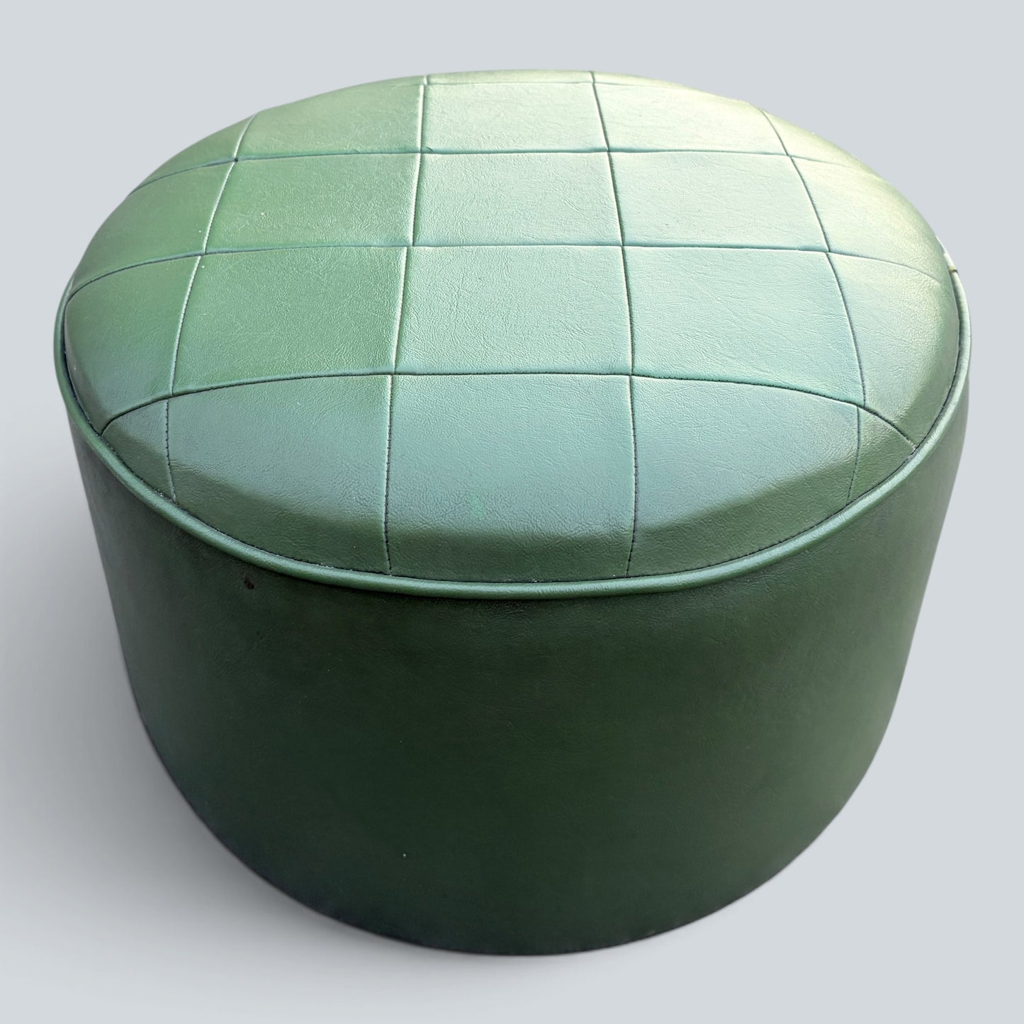 Vintage Mid Century Green Leatherette Pouffe | Round Footstool Ottoman