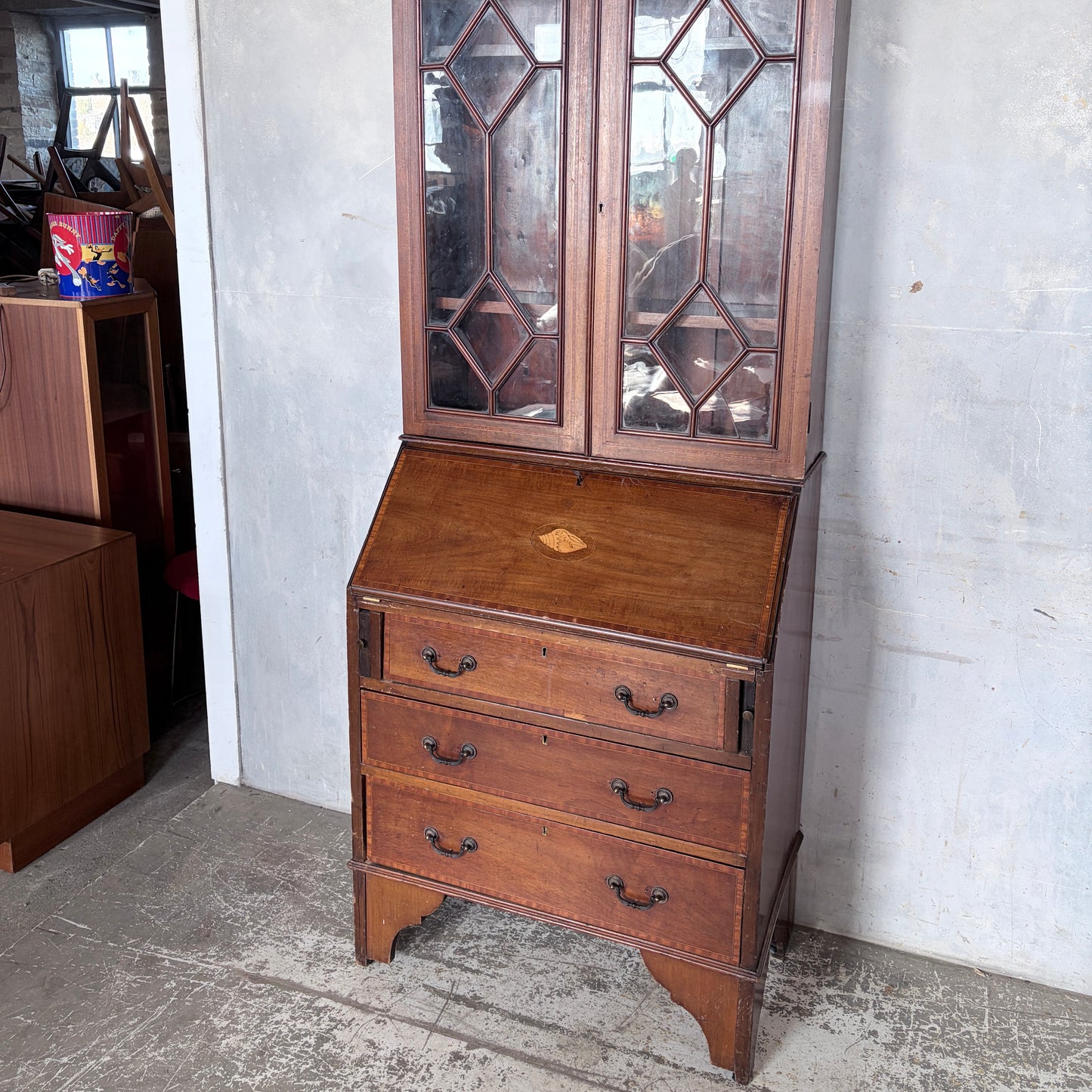 Antique Edwardian Mahogany Glazed Bureau Bookcase