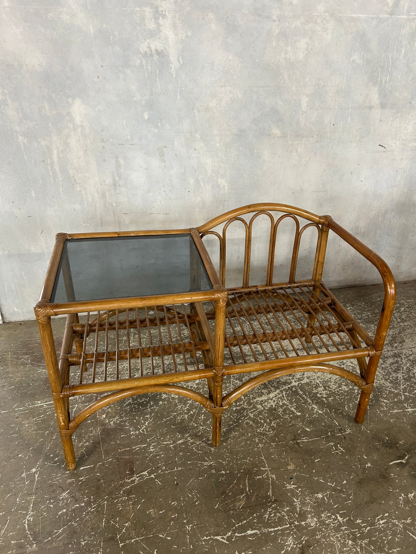Vintage Bamboo Telephone Table with Smoked Glass Top | Boho Mid Century Rattan Hallway Seat