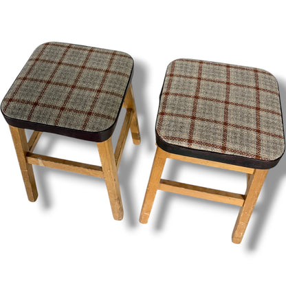 Mid Century Stools - Pair of Vintage Oak Tweed Upholstered Footstools 33cm