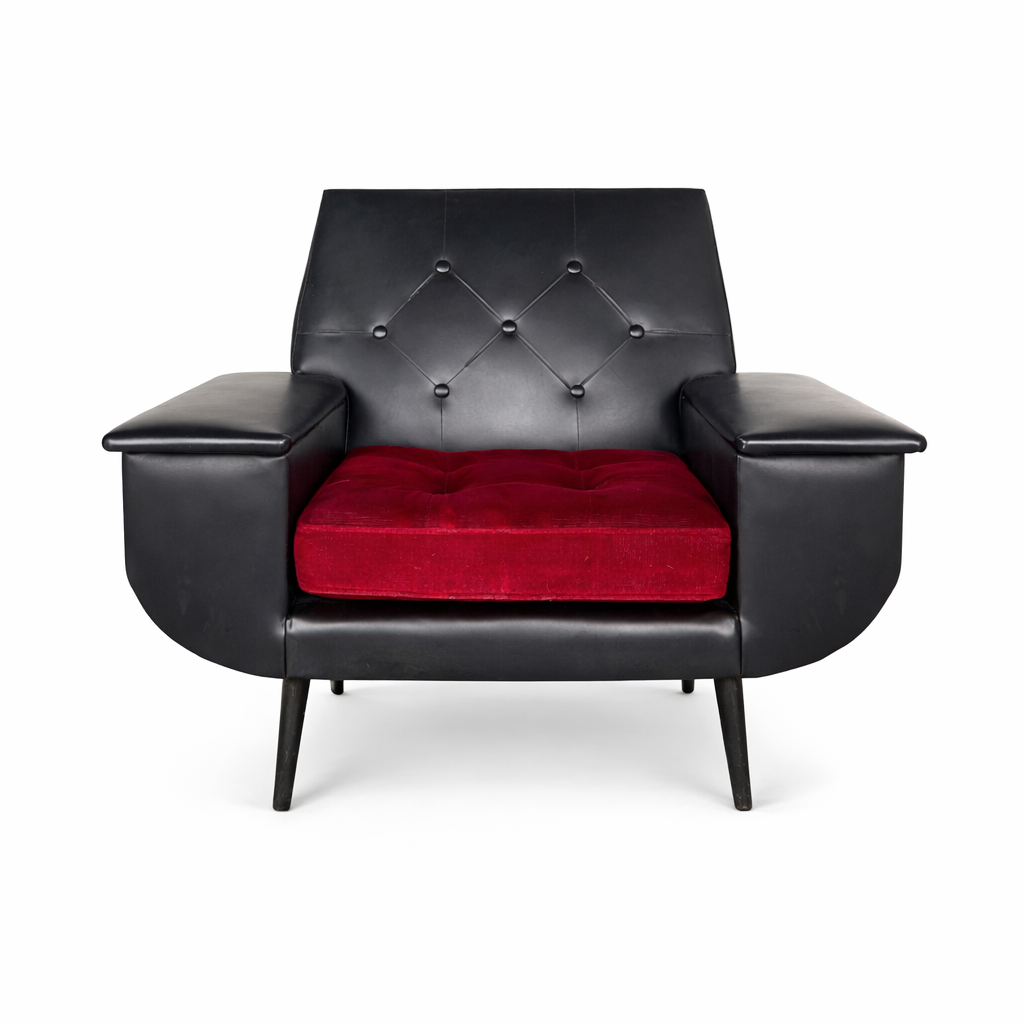 Mid-Century Black Vinyl Armchair with Red Seat Cushion