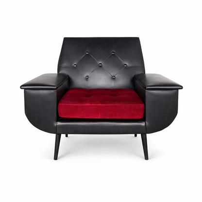 Mid-Century Black Vinyl Armchair with Red Seat Cushion