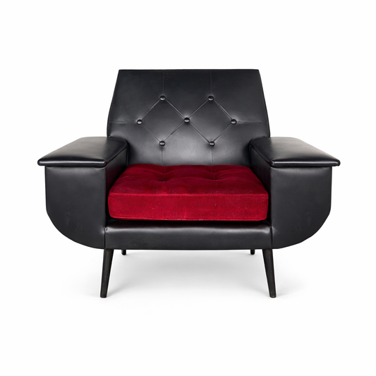 Mid-Century Black Vinyl Armchair with Red Seat Cushion