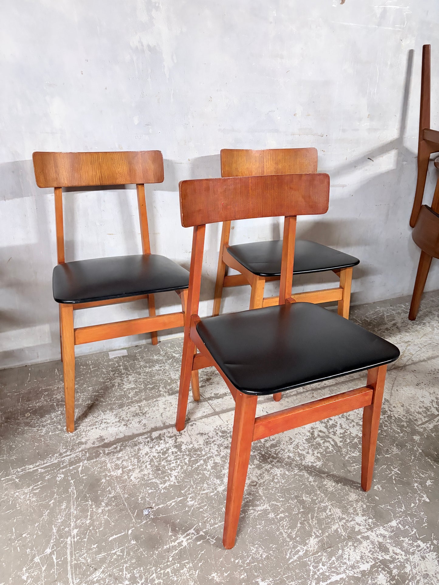 Mid Century Danish Teak Dining Chairs – Set of 3, Black Vinyl Seats