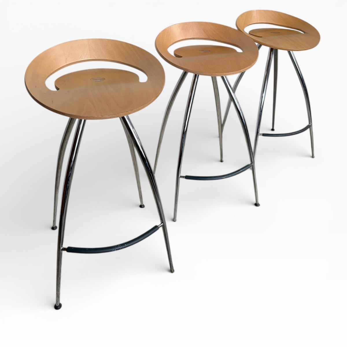 Mid Century Bar Stools – Magis Lyra Italian Chrome & Beech Wood Set of Three