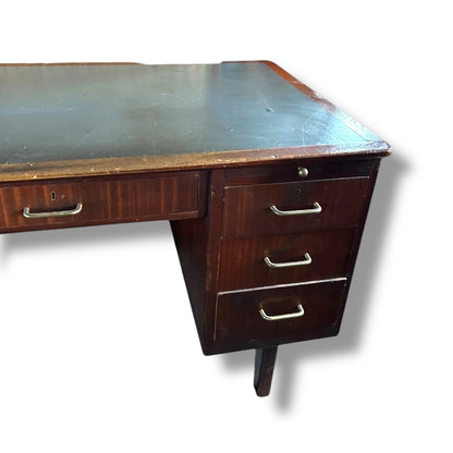 Mid Century Mahogany Desk with Blue-Grey Leather Writing Surface