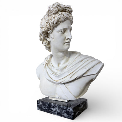Apollo Bust Sculpture | Large Classical Greco Roman Plaster Statue on Marble Base