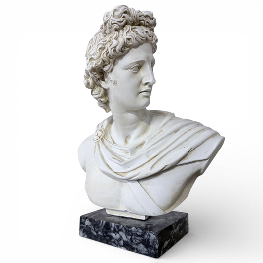 Apollo Bust Sculpture | Large Classical Greco Roman Plaster Statue on Marble Base