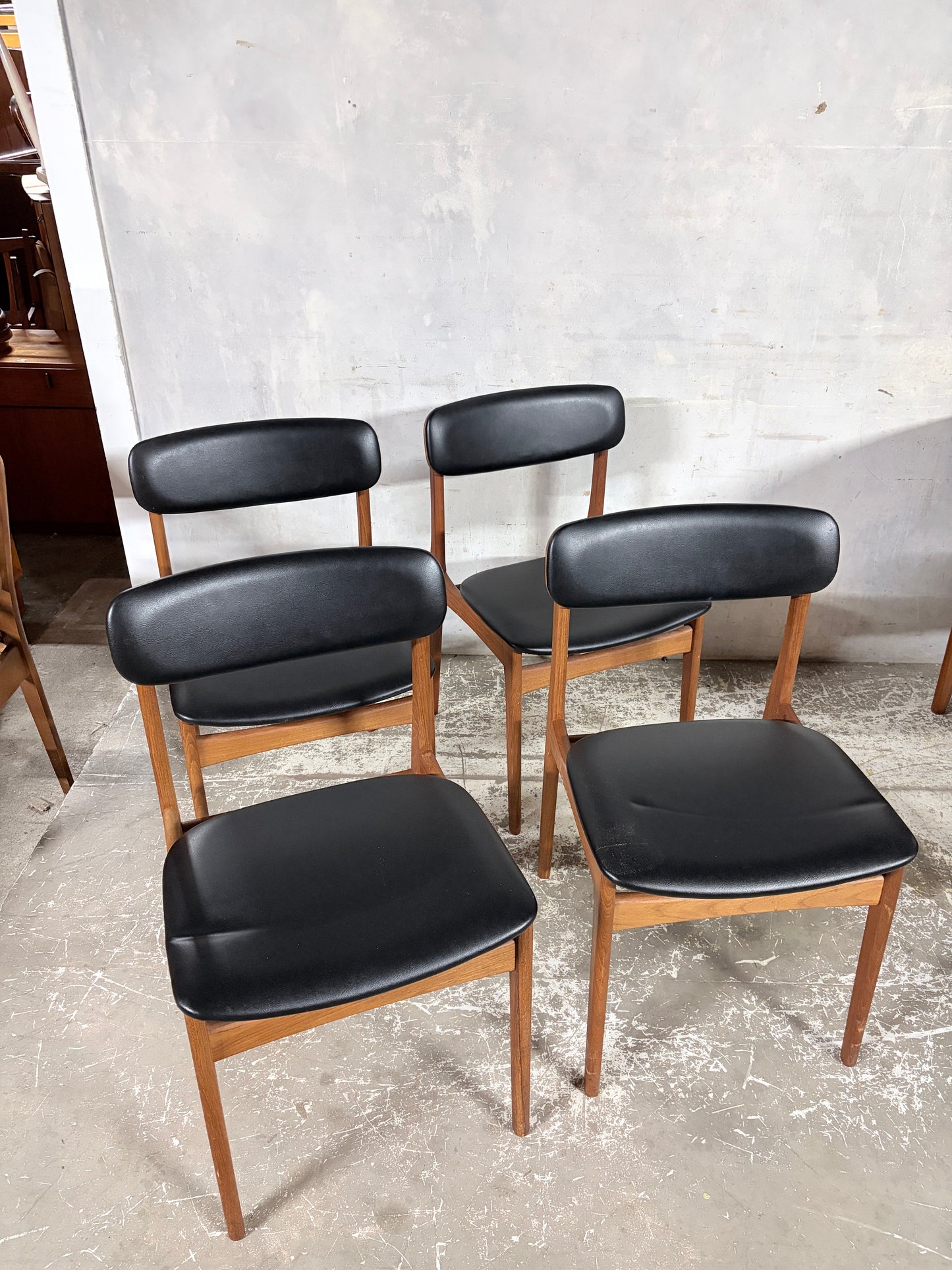 Mid Century Danish Teak Dining Chairs – Set of 4 Black Vinyl Seats