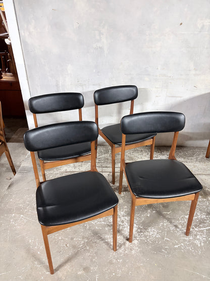 Mid Century Danish Teak Dining Chairs – Set of 4 Black Vinyl Seats