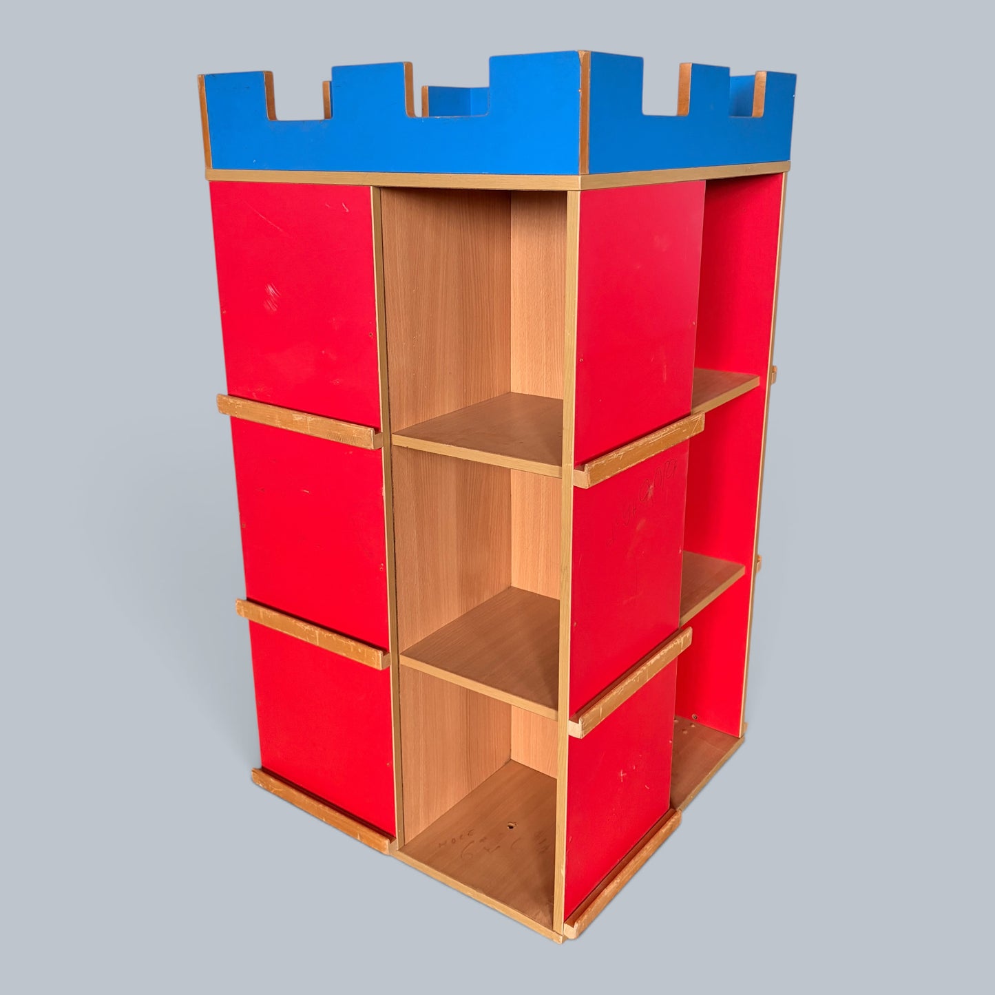 Handmade Postmodern Castle Bookcase & Vinyl Record Storage Unit – Red & Blue