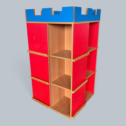Handmade Postmodern Castle Bookcase & Vinyl Record Storage Unit – Red & Blue