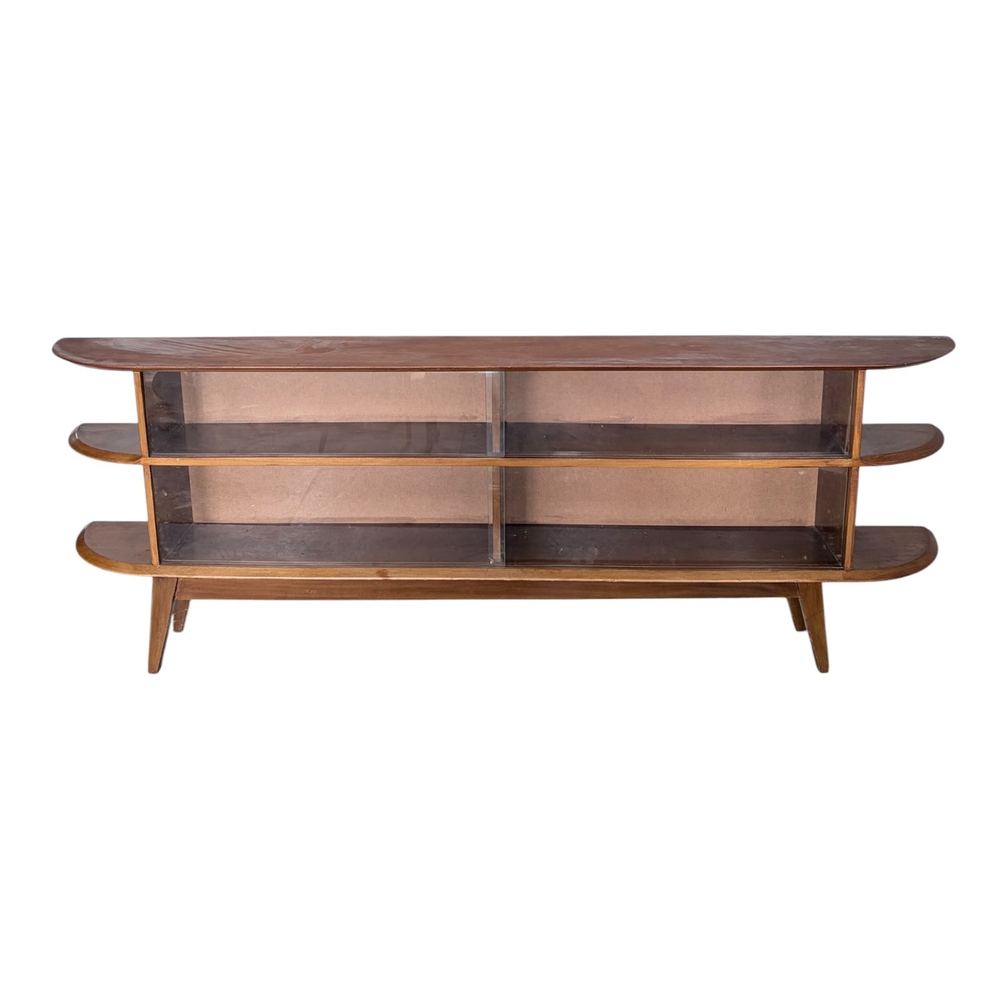Large Mid Century Teak Display Cabinet / Media Console – Curved Open Shelving Unit