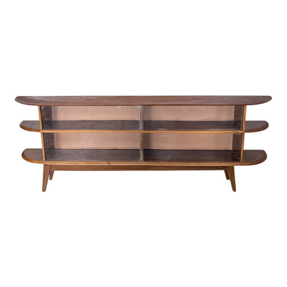 Large Mid Century Teak Display Cabinet / Media Console – Curved Open Shelving Unit