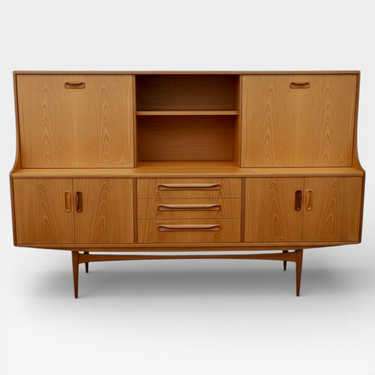Mid Century Sideboard | Vintage Teak Cabinet With Sliding Doors & Tapered Legs