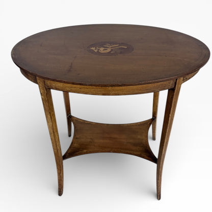 Edwardian Side Table - Antique Oval Wood Table with Decorative Inlay and Tapered Legs