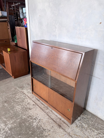Vintage Mid Century Oak Bureau Cabinet with Sliding Doors