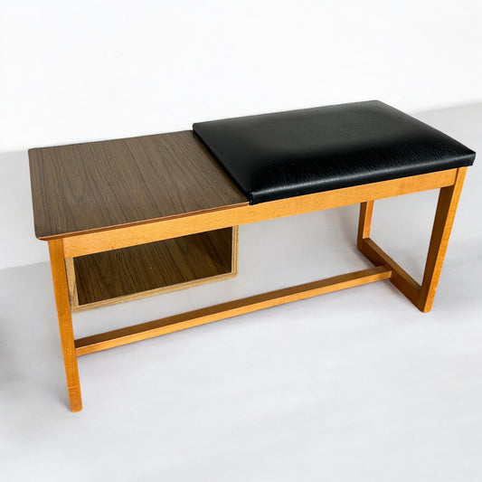 Mid Century Teak And Leather Telephone Seat Table