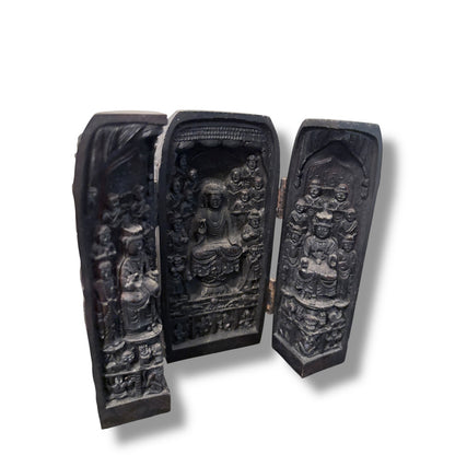 Vintage Hand-Carved Wooden Buddhist Triptych Shrine / Folding Altar