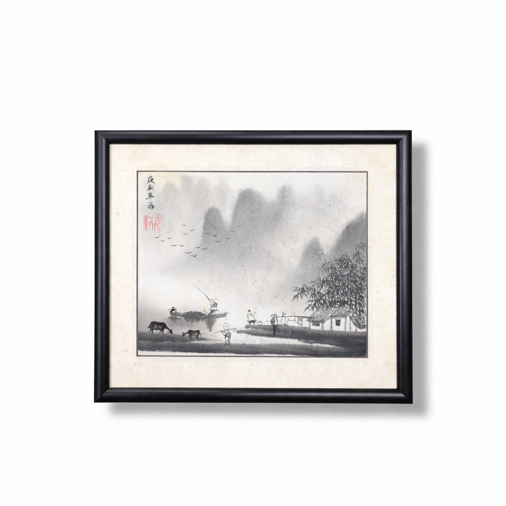 Vintage Oriental Ink Landscape Painting – Framed Asian Watercolour Artwork