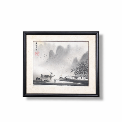 Vintage Oriental Ink Landscape Painting – Framed Asian Watercolour Artwork