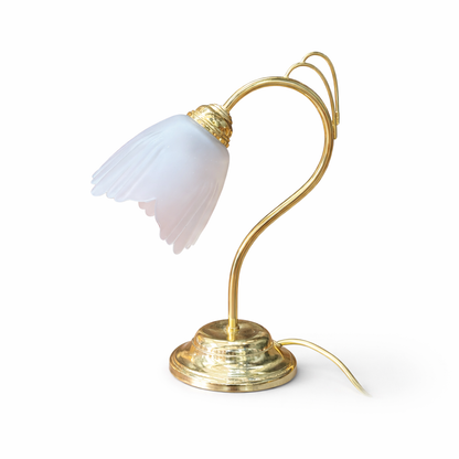 Vintage Brass & Frosted Glass Flower Table Lamp | Art Nouveau