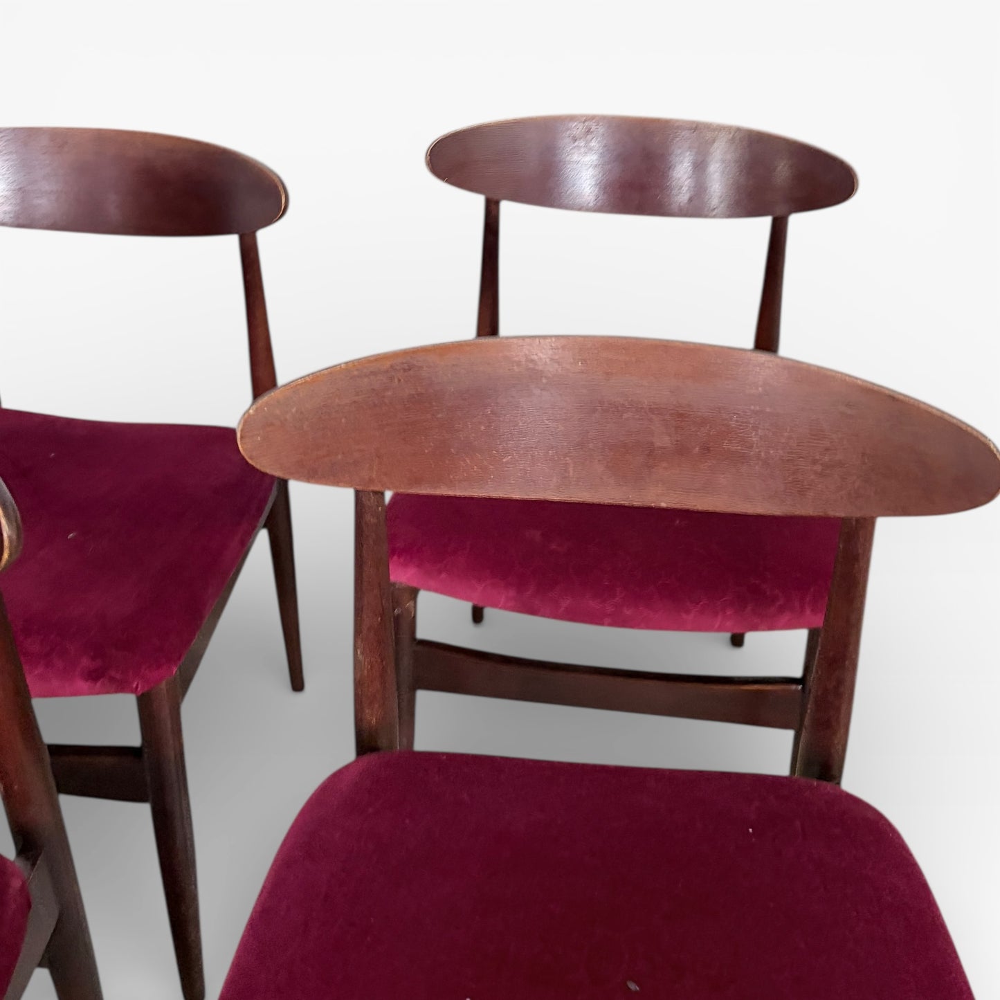 Teak Dining Chairs – Mid-Century Modern British Design | Burgundy Upholstered Set