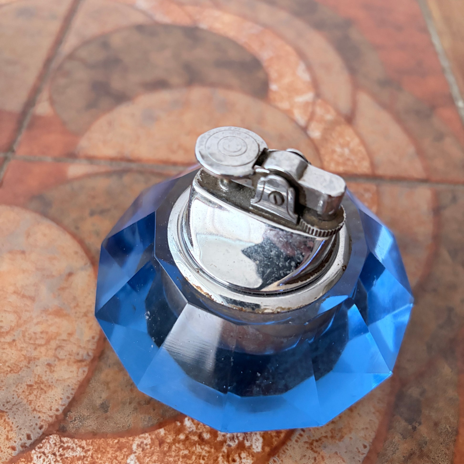 Vintage Blue Faceted Crystal Glass Table Lighter – Mid-Century