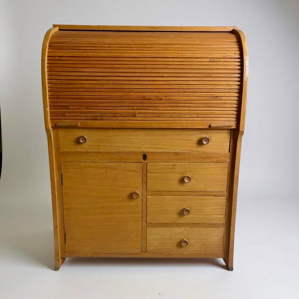 Vintage Oak Tambour Roll Top Bureau Desk