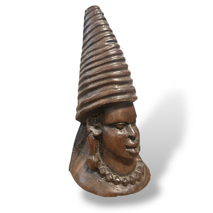 African Hand-Carved Wooden Bust Sculpture with Conical Headdress – Tribal Art — view 4