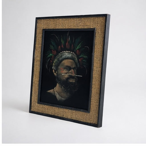 Vintage Ethnographic Portrait on Velvet – Signed Hessian Framed Artwork