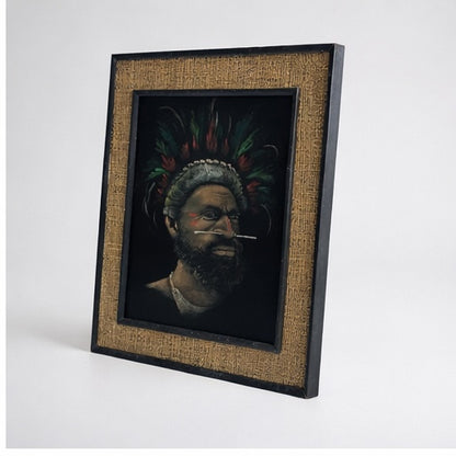 Vintage Ethnographic Portrait on Velvet – Signed Hessian Framed Artwork