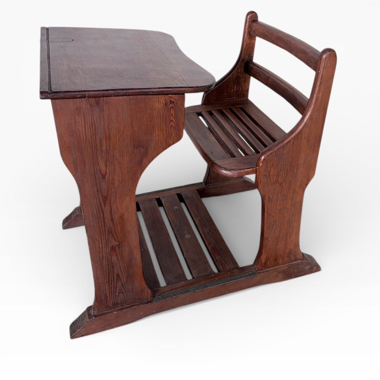 Antique Pine School Desk with Attached Bench