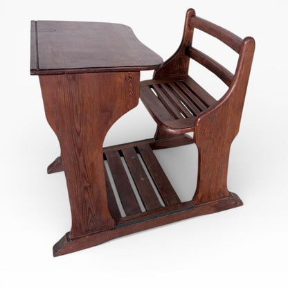 Antique Pine School Desk with Attached Bench