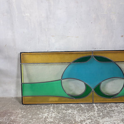 Vintage Stained Glass Window Panel – Geometric Leaded Glass in Green, Amber & Blue