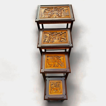 Antique Chinese Camphor Wood Carved Nest of Four Tables