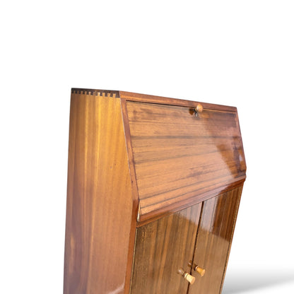 Mid Century Teak & Walnut Bureau Desk by Morris of Glasgow – Drop Front Writing Cabinet