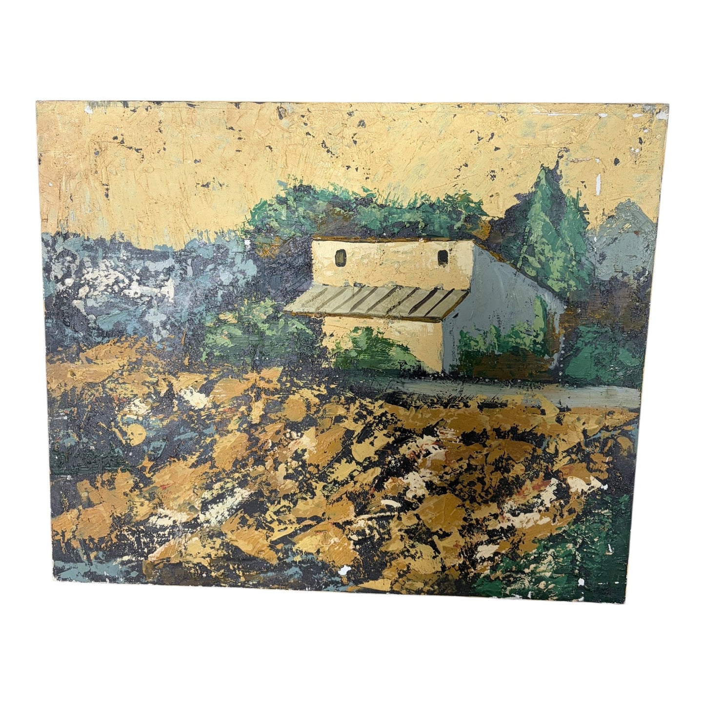 Vintage Textured Landscape Painting – Rustic House Scene, Impasto Wall Art