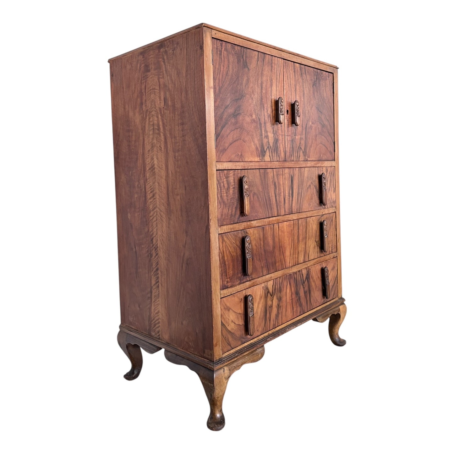 Art Deco Walnut Tallboy Chest of Drawers with Cabinet Top