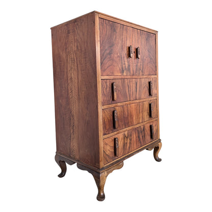Art Deco Walnut Tallboy Chest of Drawers with Cabinet Top