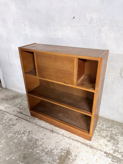 Nathan Oak Drop-Down Bureau Desk Cabinet with Sliding Glass Doors – Mid Century